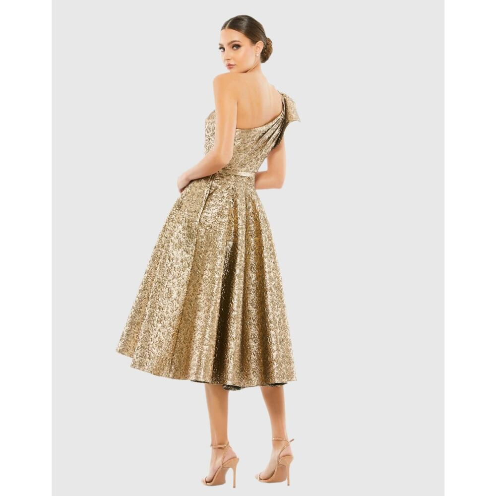 NWOT Mac Duggal Antique Bronze One Shoulder Bow Shiny Brocade Midi Dress Size 2 - Picture 3 of 3